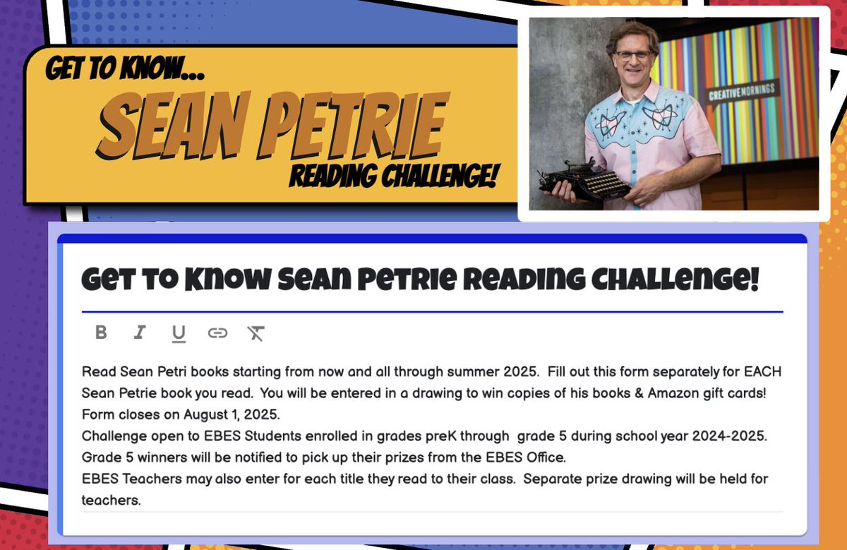 Don't forget, <a href="/EBESBees/">Ewa Beach Elementary</a>...Get to Know Sean Petrie Reading Challenge is happening alll summer long.  Read one of his books on SORA &amp; fill out this form to be entered in a drawing to win some cool prizes including Amazon gift cards! Enter here: forms.gle/YKxjKqZ76NAjcV….