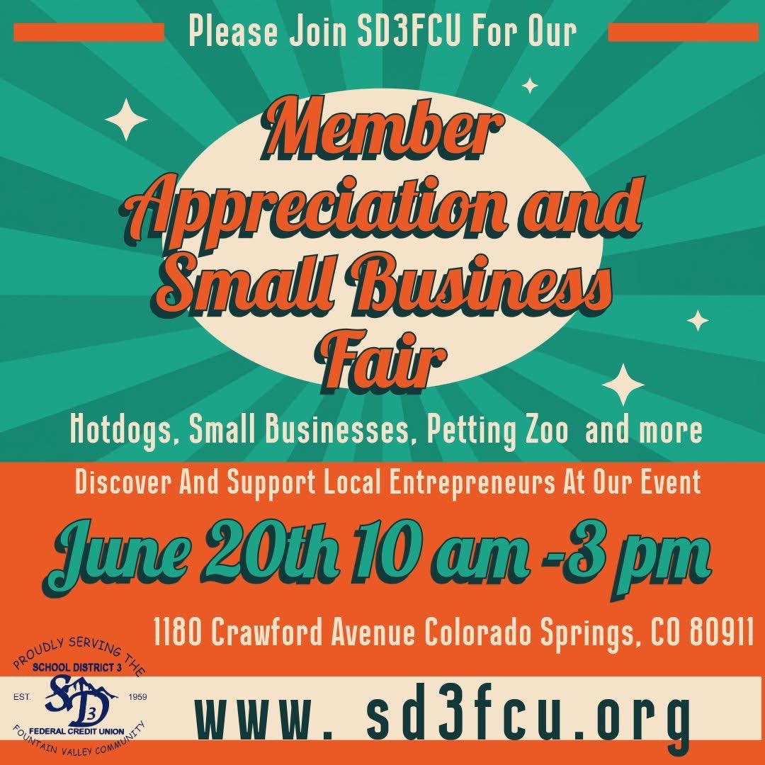 This Friday, 6/20, check out the School District 3 Federal Credit Union Member Appreciation &amp; Small Business Fair from 10 AM to 3 PM!  EVERYONE is invited to enjoy and celebrate all things LOCAL. 
There will be something for all ages: food, petting zoo &amp; much more! 10am-3pm