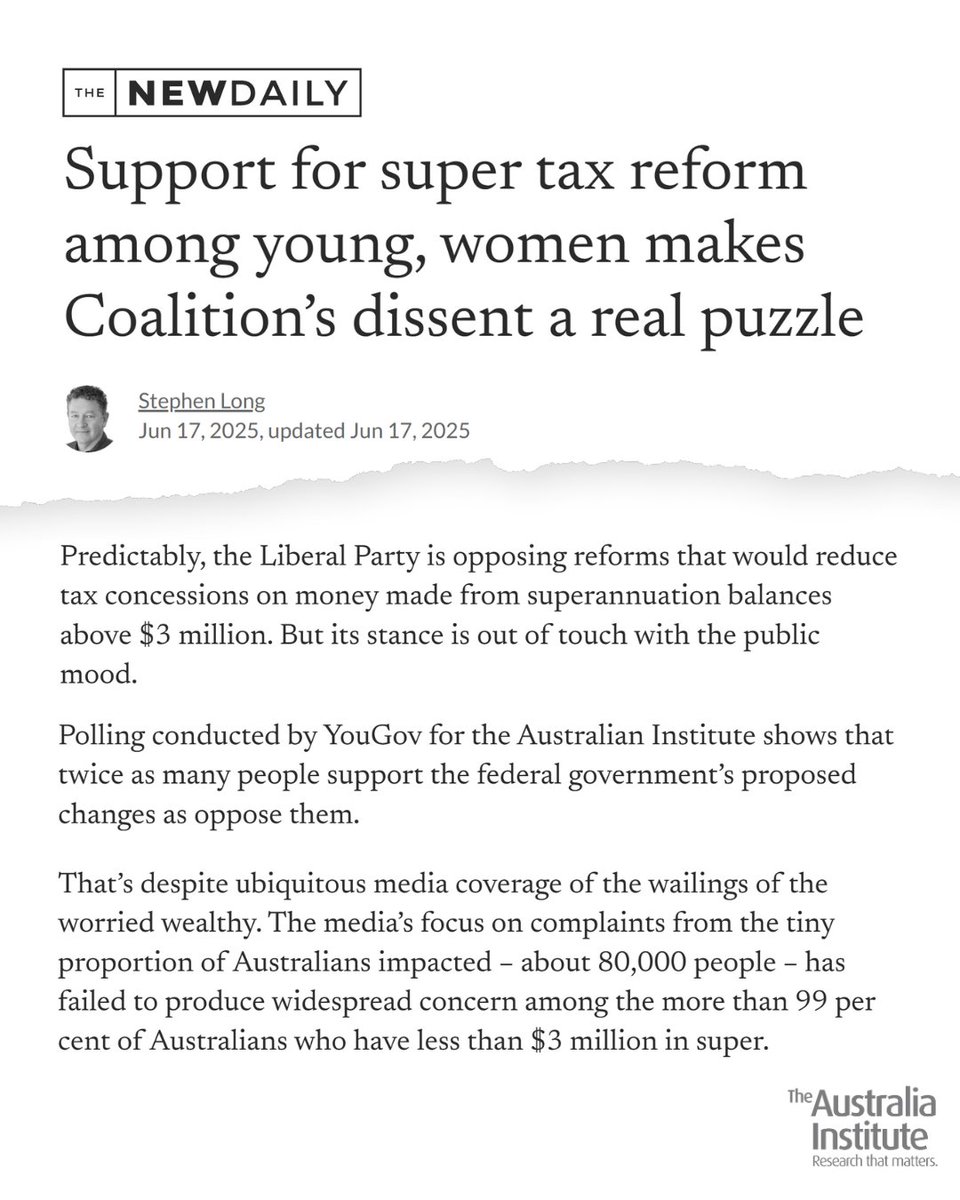 Australia Institute (@theausinstitute) on Twitter photo "The polling suggests that the superannuation policy is a net vote-winner for Labor, especially among the young."
"The opposition choosing to make a fuss about an issue that overwhelmingly affects older, wealthy men is an interesting choice by new leader Ley."
<a href="/StephenLongAus/">Stephen Long</a> "The polling suggests that the superannuation policy is a net vote-winner for Labor, especially among the young."
"The opposition choosing to make a fuss about an issue that overwhelmingly affects older, wealthy men is an interesting choice by new leader Ley."
<a href="/StephenLongAus/">Stephen Long</a>
