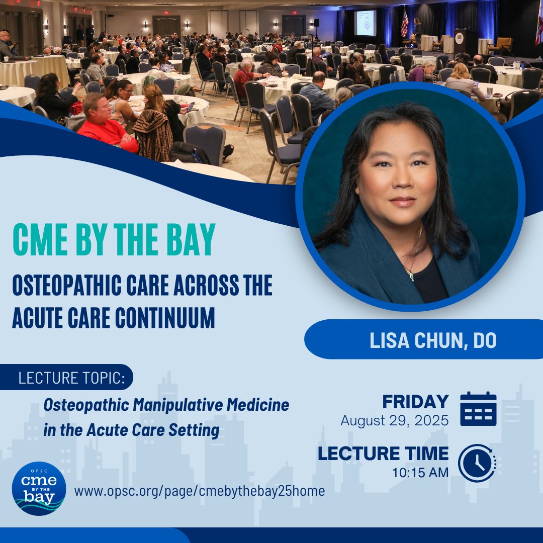 CME By The Bay Speaker Highlight: Dr. Lisa Chun, DO, MS
📍 Lecture: OMM Across the Acute Care Continuum
 🗓️ August 29–31, 2025
 📌 Hyatt Regency Monterey Hotel &amp; Spa | Monterey, California

🔗 Register: bit.ly/4dQk7eK

 #OPSC2025 #CMEbytheBay #DOproud