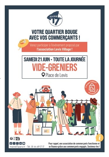 📢Save the date ! 
Vos commerçants, membres de l’association
<a href="/LevisVillage17/">Lévis Village</a> sont heureux de vous convier au vide-greniers, qu’ils organisent CE SAMEDI 21 JUIN
#placedelevis #paris17   A ne pas manquer !  #noscommerçantsontdutalent