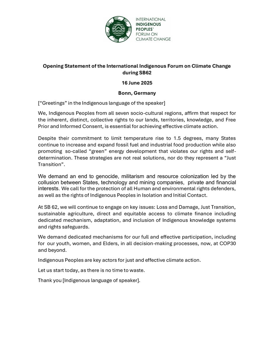 📣 Read the International Indigenous Peoples Forum on Climate Change Opening Statement for #SB62!
#IndigenousRights #ClimateJustice