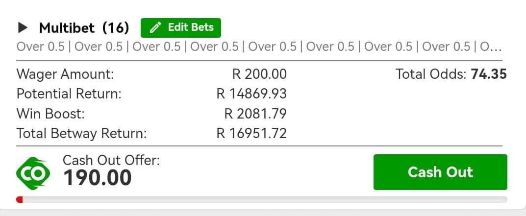 74 Odds at least I cooked🥺❤️I just placed a bet with Betway. Tap here to copy my bet or search for this booking code in the Multi Bet bet betway.booking.codez.co.za
