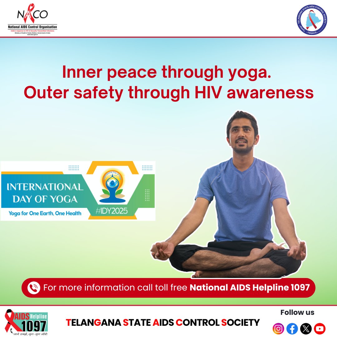 TGSACS1's tweet image. 🧘‍♀️ Inner peace through yoga.
Outer safety through HIV awareness.
This International Yoga Day, let’s align body, mind, and health priorities.

#InternationalYogaDay
#YogaForWellness
#IndiaFightsHIV
#StayTestedStaySafe
#KnowYourStatus
#TestTreatPrevent
#HIVAwareness
#1097Helpline