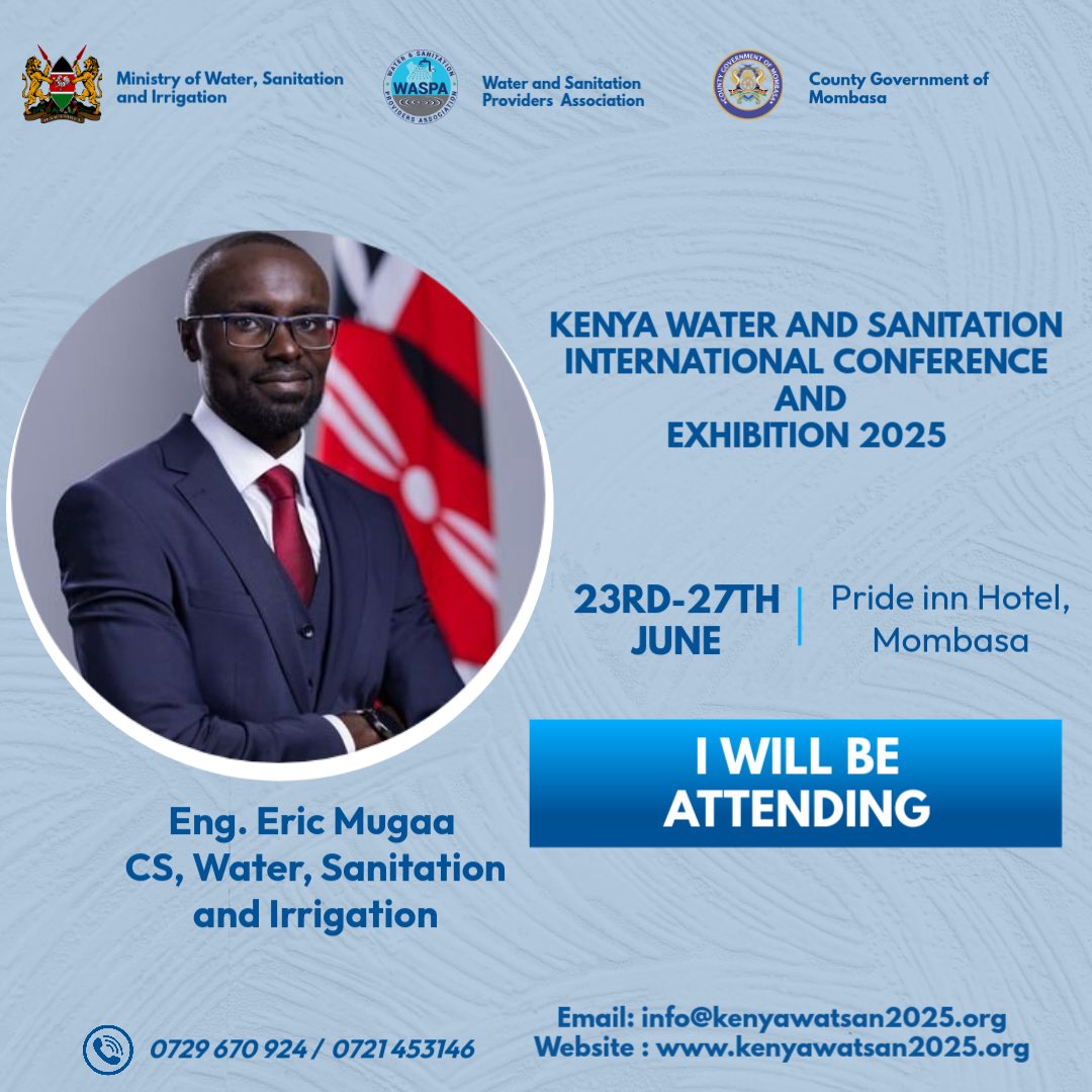 Ministry Of Water, Sanitation and Irrigation CS Eng. Eric Mugaa will be in attendance

📍 Join us from 23rd to 27th June 2025
🏖️ Venue: PrideInn Paradise Beach Resort, Mombasa County

🔗 Register now: kenyawatsan2025.org/registration/
#Kenyawatsan2025