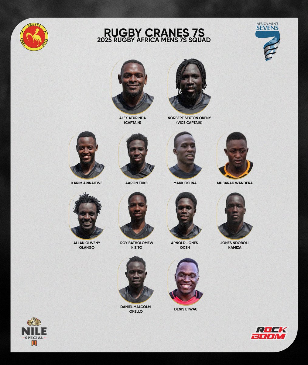 SQUAD READY. MISSION LOADING. 🇺🇬🔥

The Rugby Cranes 7s squad is locked in for the 2025 Rugby Africa Men’s 7s in Mauritius.

Led by Alex Aturinda and vice-captain Norbert Okeny 

Let’s go, Uganda!

#RugbyCranes7s  #UgandaRugby #NileSpecialRugby #Mauritius7s