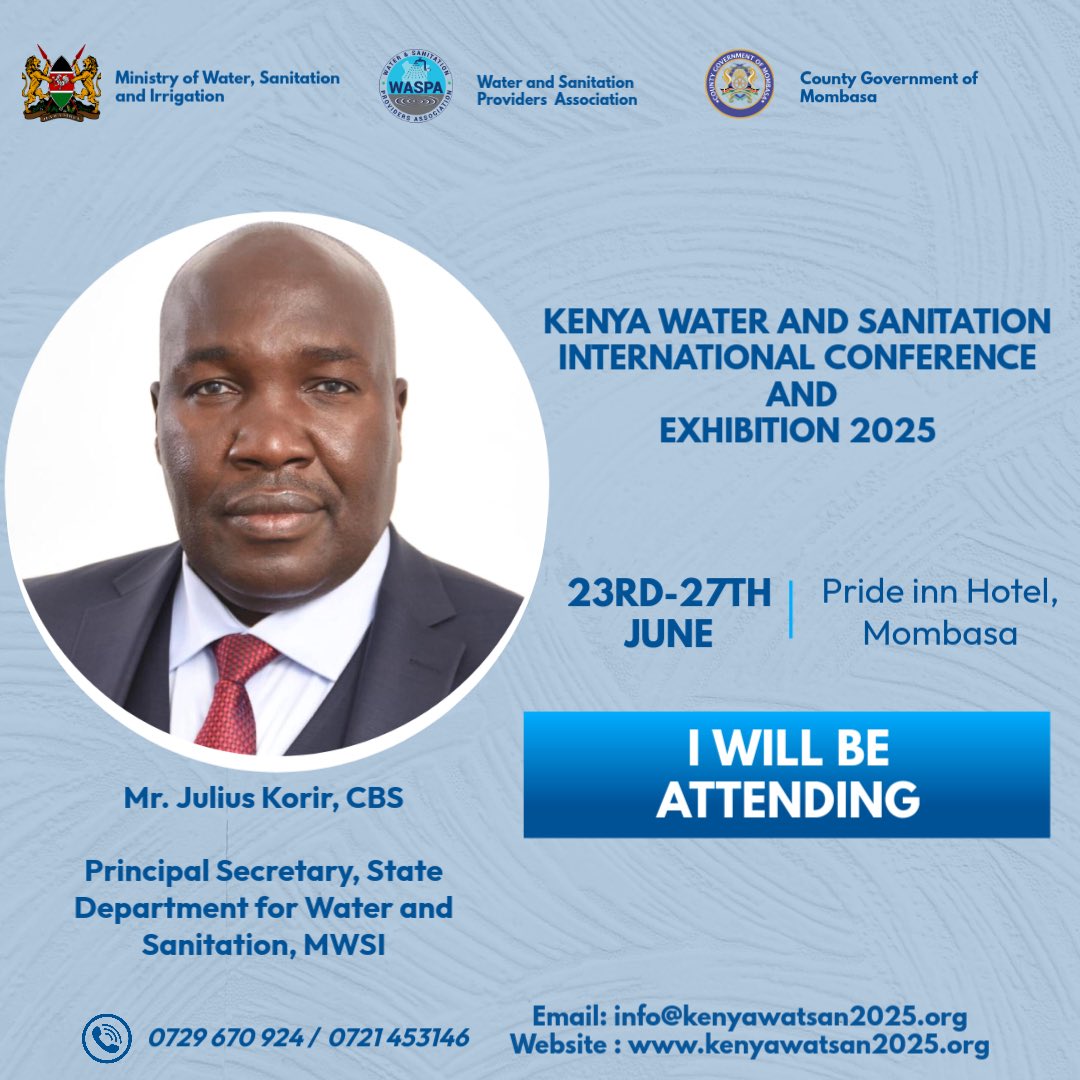 Ministry Of Water, Sanitation and Irrigation PS Mr. Julius Korir, CBS will be in attendance

📍 Join us from 23rd to 27th June 2025
🏖️ Venue: PrideInn Paradise Beach Resort, Mombasa County

🔗 Register now: kenyawatsan2025.org/registration/
#Kenyawatsan2025