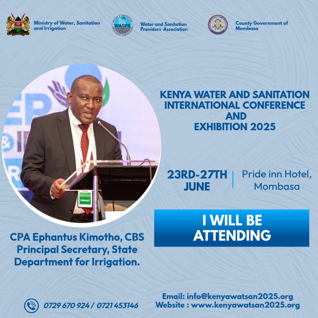 Ministry of Water, Sanitation and Irrigation PS CPA Ephantus Kimotho, CBS will be in attendance

📍 Join us from 23rd to 27th June 2025
🏖️ Venue: PrideInn Paradise Beach Resort, Mombasa County

🔗 Register now: kenyawatsan2025.org/registration/
#Kenyawatsan2025