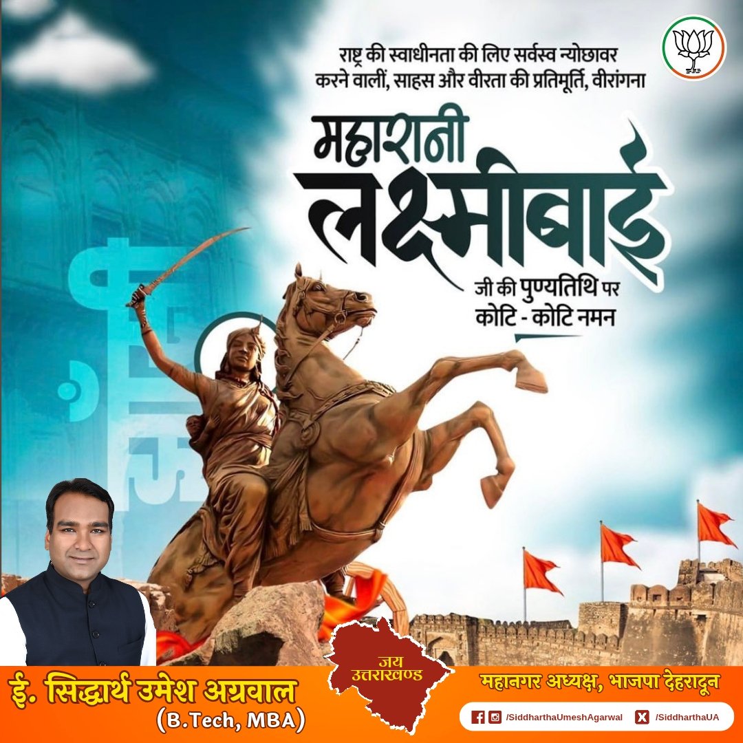 "खूब लड़ी मर्दानी, वह तो झांसी वाली रानी थी।"

1857 के प्रथम स्वतंत्रता संग्राम में ब्रिटिश शासन के विरुद्ध अग्रिम भूमिका निभा कर अपने प्राणों की आहुति देने वालीमहान वीरांगना रानी लक्ष्मी बाई की पुण्यतिथि पर शत्-शत् नमन.
#Dehradun