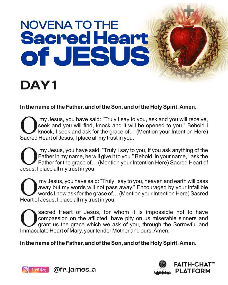 frjamesa's tweet photo. In the Name of the Father and of the Son and of the Holy Spirit. Amen 

Morning Offering to the Most Sacred Heart of Jesus 

O Jesus, through the Immaculate Heart of Mary,  I offer You my prayers, works, 
joys and sufferings of this day for all the intentions of Your Sacred Heart,  in union with the Holy Sacrifice of the Mass
throughout the world, in reparation for my sins, for the intentions of all my relatives and friends, and in particular
for the intentions of the Holy Father. Amen 

Glory to Jesus !
Honour to Mary and St. Joseph !

Most Sacred Heart of Jesus, I trust in You !