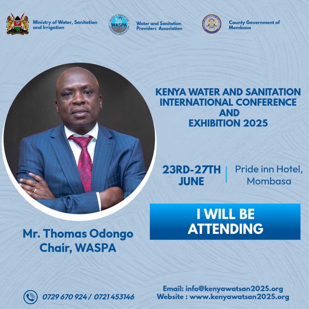 Mr. Thomas Odongo,<a href="/WASPAKenya/">WASPA</a> Chairman &amp; MD <a href="/KIWASCO/">Kisumu Water and Sanitation Company Ltd</a> will be in attendance

📍 Join us from 23rd to 27th June 2025
🏖️ Venue: PrideInn Paradise Beach Resort, Mombasa County

🔗 Register now: kenyawatsan2025.org/registration/
#Kenyawatsan2025