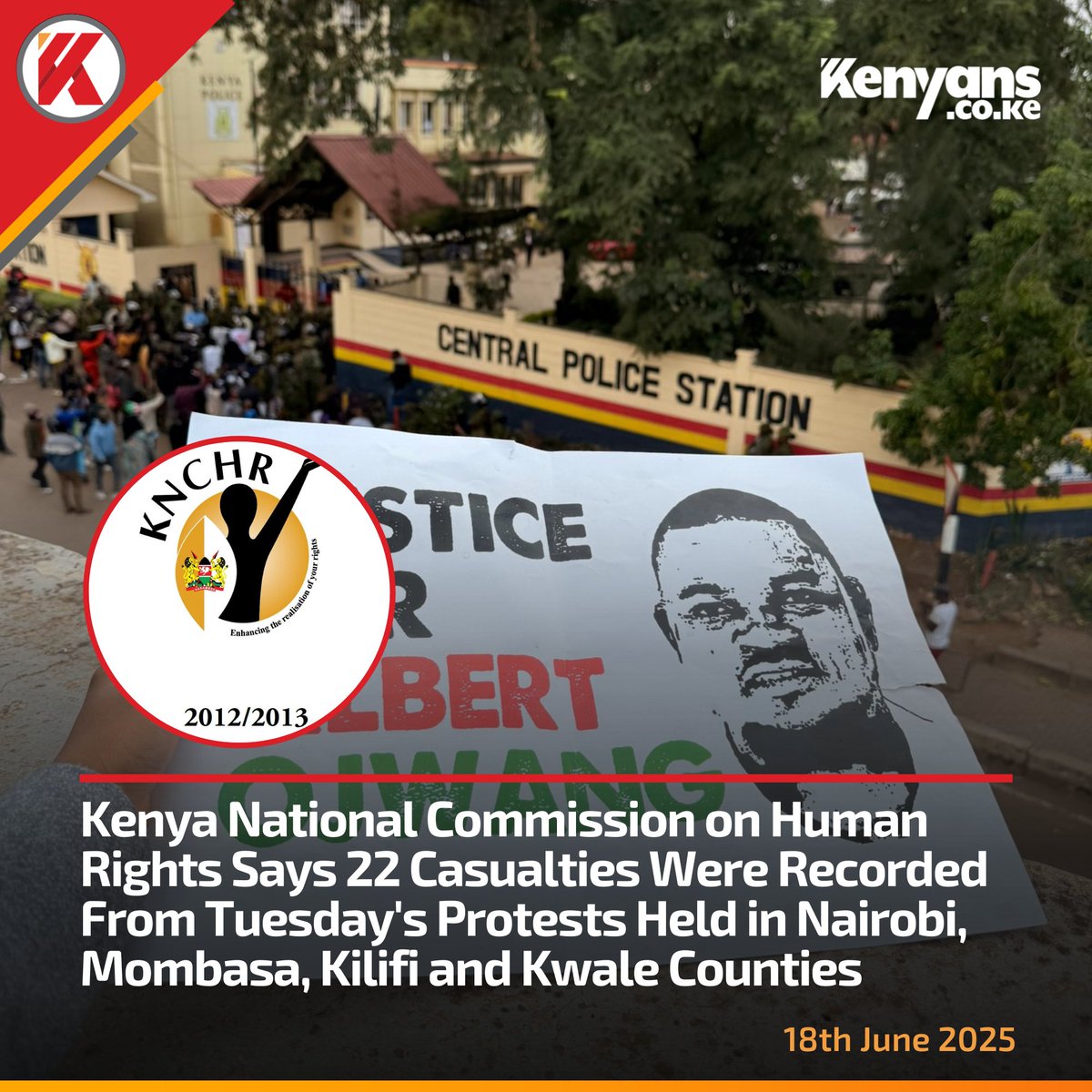 Kenya National Commission on Human Rights says 22 casualties were recorded from Tuesday's protests held in Nairobi, Mombasa, Kilifi and Kwale counties