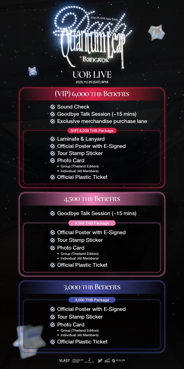 เตรียมตัวดูผังที่ใช่ เลือกดวงดาวที่ชื่นชอบ พร้อมรับประสบการณ์ครั้งใหม่ 💫 อย่างเต็มรูปแบบ!

2025 PLAVE Asia Tour [DASH: Quantum Leap] in Bangkok

📆 วันที่แสดง : วันเสาร์ที่ 25 ตุลาคม 2025 
⏱️ เวลาที่แสดง 18:00 น.
🌏 สถานที่ : UOB LIVE
🗓️ วันเปิดจำหน่ายบัตร : วันอาทิตย์ที่ 27