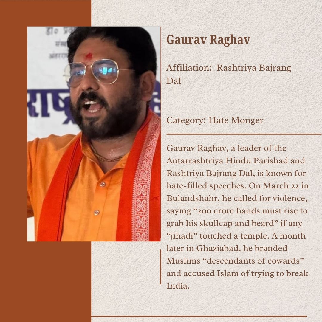 Gaurav Raghav of AHP &amp; Rashtriya Bajrang Dal, on Mar 22 in Bulandshahr, said “200 crore hands must rise to grab his skullcap and beard” if a jihadi touches a temple.
hindutvaprofiles.org/member/gaurav-…