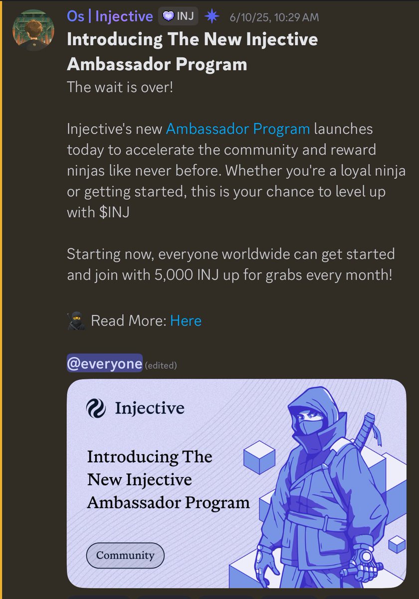 beatkrums's tweet photo. 1 of many #InjectiveGems I’d like to share: Simply join @injective’s Discord so you don’t miss out on ANY updates.
If you’re just checking X, you wouldn’t have known that they DOUBLED $INJ Ambassador rewards to 5k!
It’s time to level up, ninjas. 🥷
#NexusRiftHour #ZENTRYDAY2 https://t.co/R5WIoCCWIQ