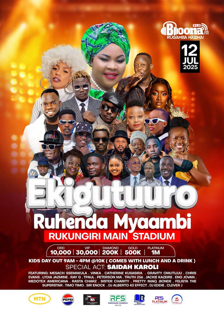 Hello Uganda 👋 !

Am excited to invite you to the most anticipated event of the year Ekigutuuro Kya Boona FM happening on 12th July in Rukungiri main stadium 🏟  Don't miss!
#EkigutuuroKyaBoonaFm2025
