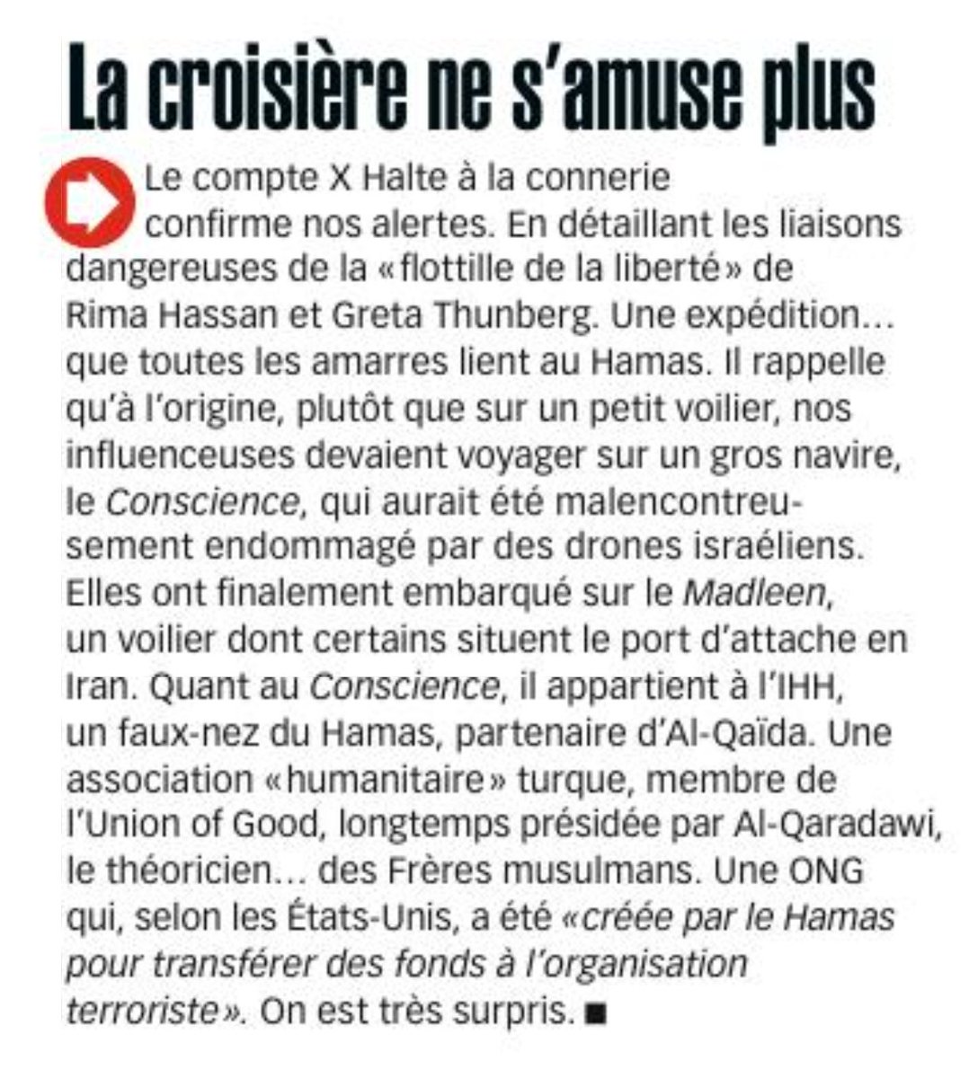 Halte Ă la Connerie (@halteconnerie) on Twitter photo đŽAprĂšs <a href="/LePoint/">Le Point</a> hier, <a href="/franctireurmag/">Franc-Tireur</a> et <a href="/BenjaminSire/">Benjamin Sire aka E-Riser</a> confirment que la croisiĂšre de @rimahas et Greta Thunberg a Ă©tĂ© payĂ©e par un groupe terroriste. (Cf fil —ïž)
Amis journalistes, lors des prochaines interviews, ce serait bien d'interroger LFI Ă ce sujet, non ? đŽAprĂšs <a href="/LePoint/">Le Point</a> hier, <a href="/franctireurmag/">Franc-Tireur</a> et <a href="/BenjaminSire/">Benjamin Sire aka E-Riser</a> confirment que la croisiĂšre de @rimahas et Greta Thunberg a Ă©tĂ© payĂ©e par un groupe terroriste. (Cf fil —ïž)
Amis journalistes, lors des prochaines interviews, ce serait bien d'interroger LFI Ă ce sujet, non ?