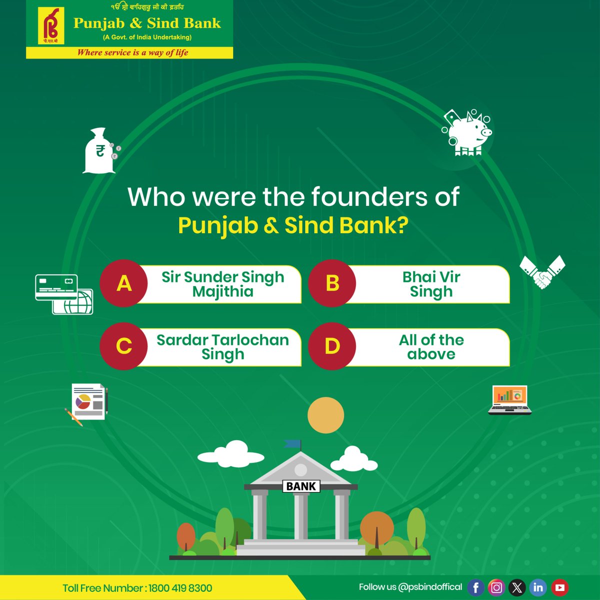 PSBIndOfficial's tweet photo. Milestone Quiz Time!
Letโs see who knows their bank better ๐ค๐ก
Drop your answer in the comment section below and donโt forget to tag us!
#punjabandsindbank #FoundationDay #MilestoneQuiz #LegacyOfTrust #QuizAlert #BankingFun #bankingservices #whereserviceisawayoflife https://t.co/IoBebhGhTF