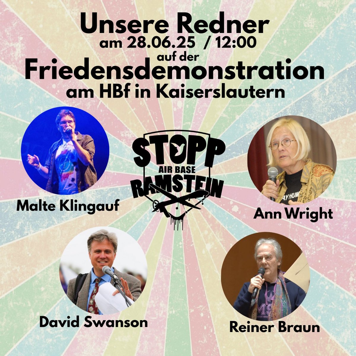 Demo gegen Air Base Ramstein am 28.6. in KL mit Malte Klingauf, David Swanson, Ann Wright &amp; Reiner Braun. #StoppRamstein #PeaceNow

Weiter lesen: facebook.com/share/p/16b5Kr…