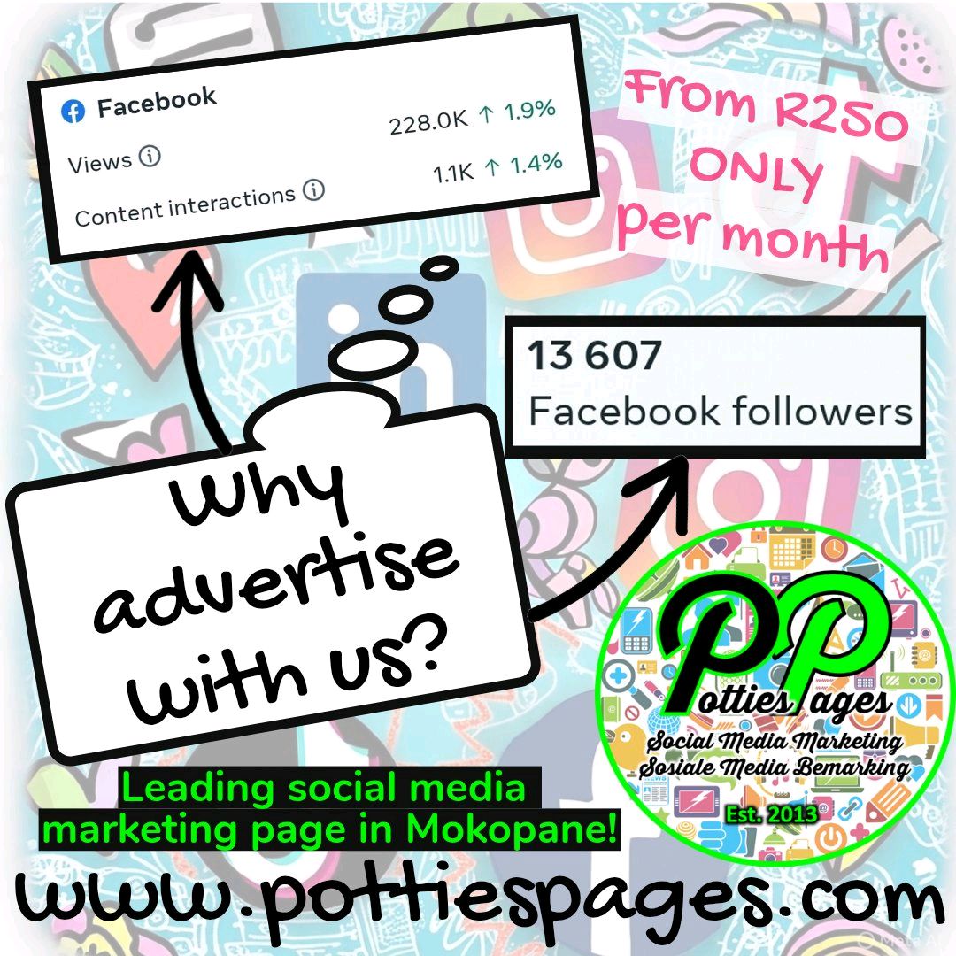 Pages_Potties's tweet image. Unlock new opportunities for your business—advertise with us starting from just R250/month! 🚀 Visit pottiespages.com #SocialMediaSuccess #AdvertiseSmart #GrowYourBiz