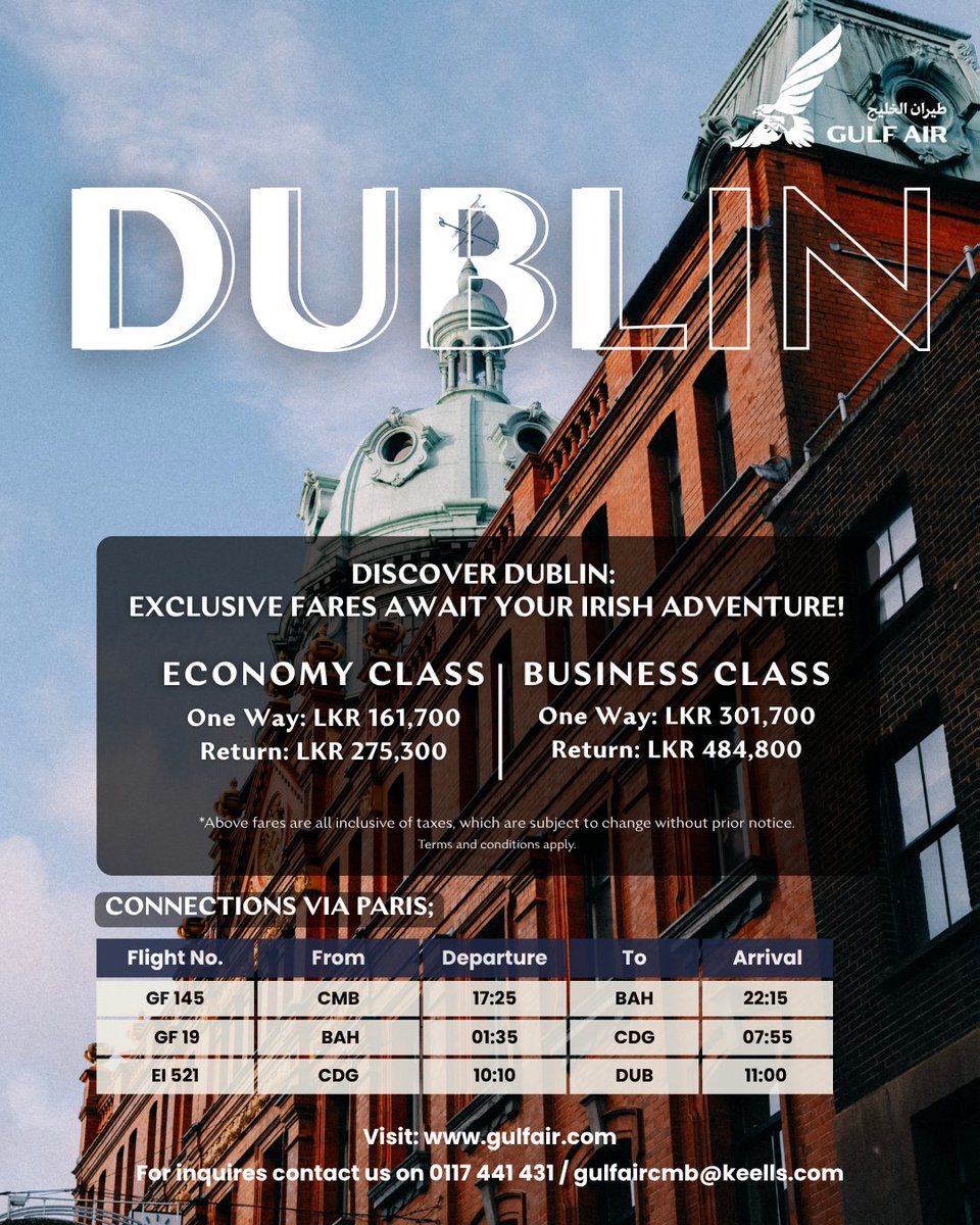 MackAir_JKH's tweet photo. Fly to Dublin and uncover the vibrant heart of Ireland's capital. Don't wait—book your flight now and experience Dublin with Gulf Air! 📷 📷

Visit our website at https://t.co/gy9SbIPIS8.

#Dublin #GulfAir #GulfAirSriLanka #mackair #jkh #jkhtrp https://t.co/VO9crxZTdf