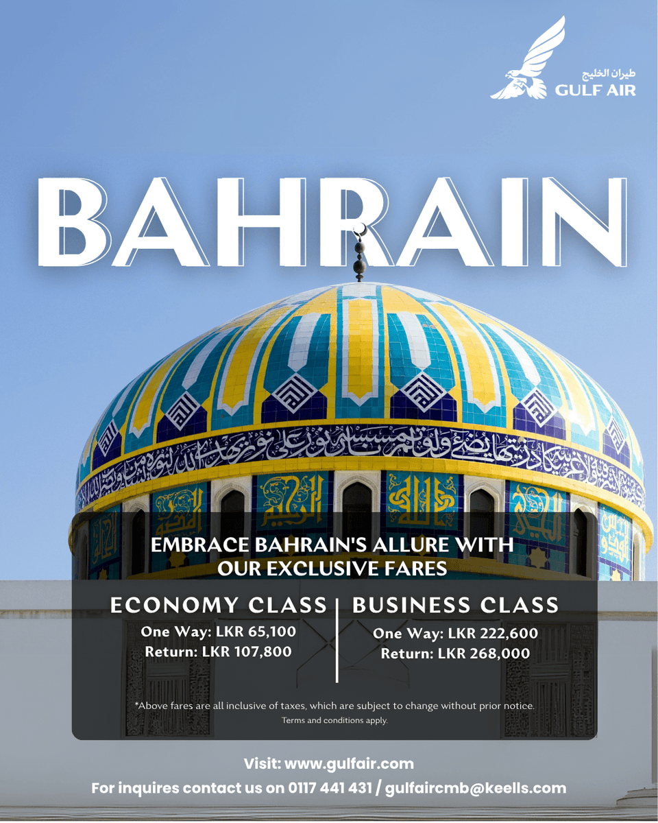 MackAir_JKH's tweet photo. Escape to an island paradise rich in history, culture, and natural charm. Fly with Gulf Air and create unforgettable memories in the heart of the Gulf.

Visit our website at https://t.co/gy9SbIPIS8.

#Bahrain #GulfAir #GulfAirSriLanka #mackair #jkh #jkhtrp https://t.co/UF9ay4R1HX