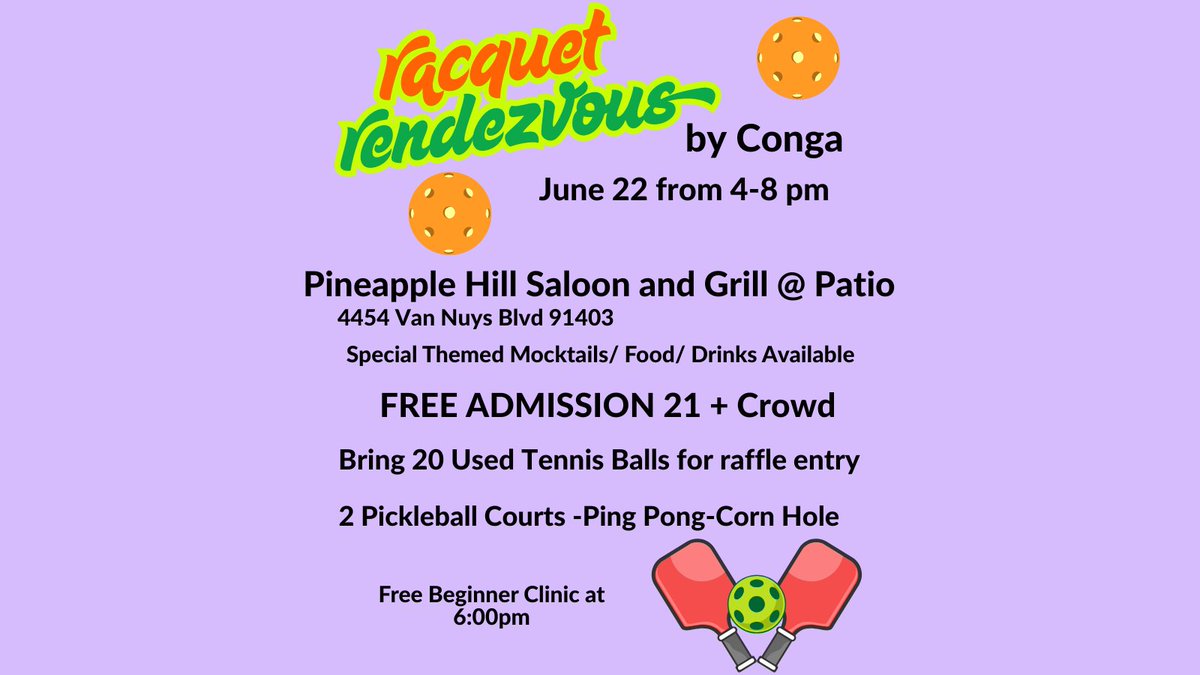 Free Admission Pickleball Social - 4 -8pm June 22nd ~Free Beginner Clinic at 6pm ~ Everyone welcome. #pickleball #fun #LosAngeles We #recycle tennis balls 🎾