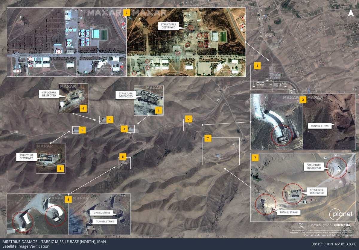 New imagery from Maxar &amp; Planet shows fresh damage at Iran's Tabriz missile base (north), struck once again by Israel - key observation: all underground tunnel entrances have been struck obstructing access to the subterranean facility at this base