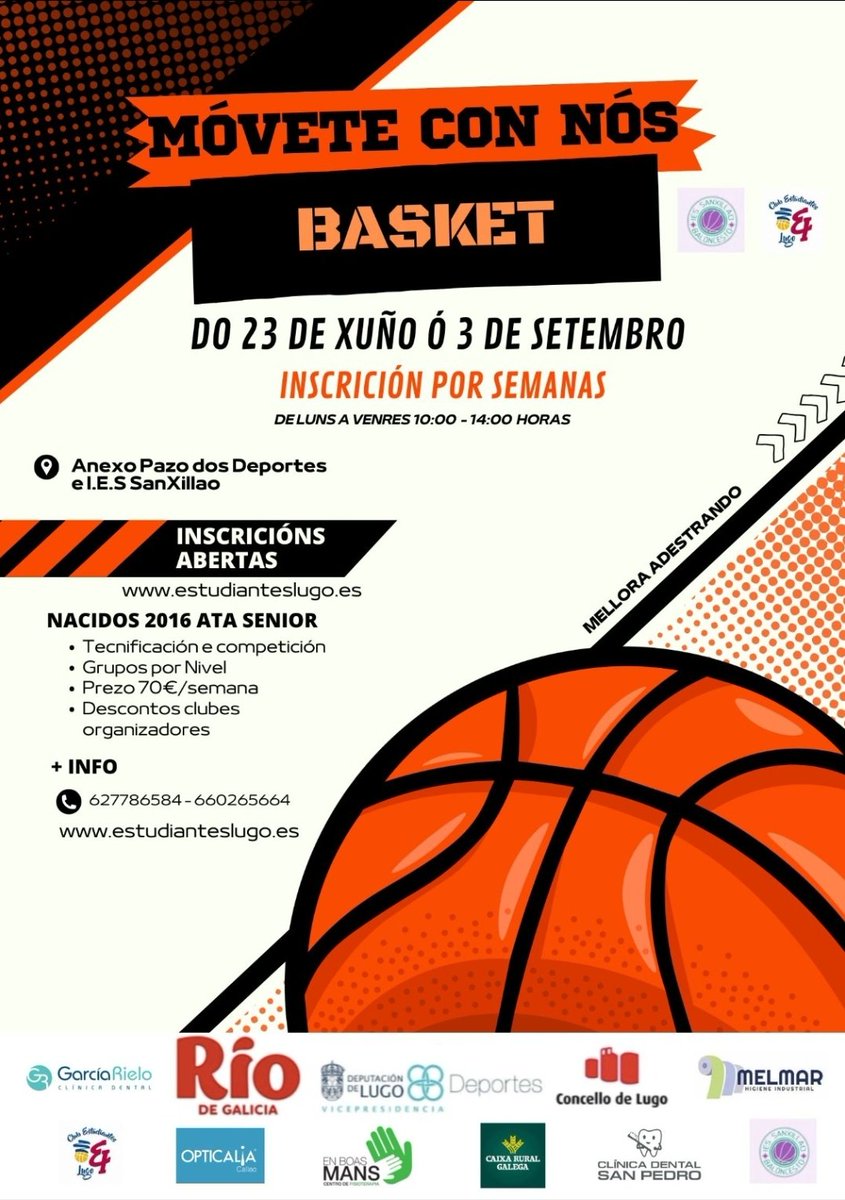 Club Estudiantes Lugo Río de Galicia (@estudianteslugo) on Twitter photo 🏀 Móvete con Nós Basket 🏀
🗓 Del 23 de Junio al 3 de de septiembre.
⏰ De 10:00 a 14:00.
👦👧 De 2016 hasta senior.
Más información en:
☎️ 660265664-627786584
✉ secretaria@estudianteslugo.com
🌟 Inscripciones en: estudianteslugo.es
Os esperamos!!! 🏀 🏀 Móvete con Nós Basket 🏀
🗓 Del 23 de Junio al 3 de de septiembre.
⏰ De 10:00 a 14:00.
👦👧 De 2016 hasta senior.
Más información en:
☎️ 660265664-627786584
✉ secretaria@estudianteslugo.com
🌟 Inscripciones en: estudianteslugo.es
Os esperamos!!! 🏀