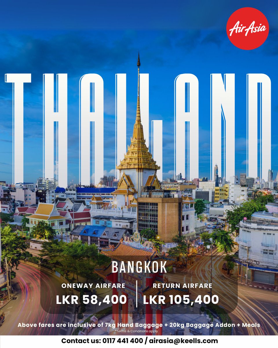 MackAir_JKH's tweet photo. Land in Bangkok, live the magic! From floating markets to night lights — Thailand is calling with AirAsia! 

To explore more about the airlines represented by Mack Air, visit our website at https://t.co/gy9SbIPIS8.

#Thailand #FlyAirAsia #AirAsiaSL #mackair #jkh #jkhtrp https://t.co/hGeuBfrq9B