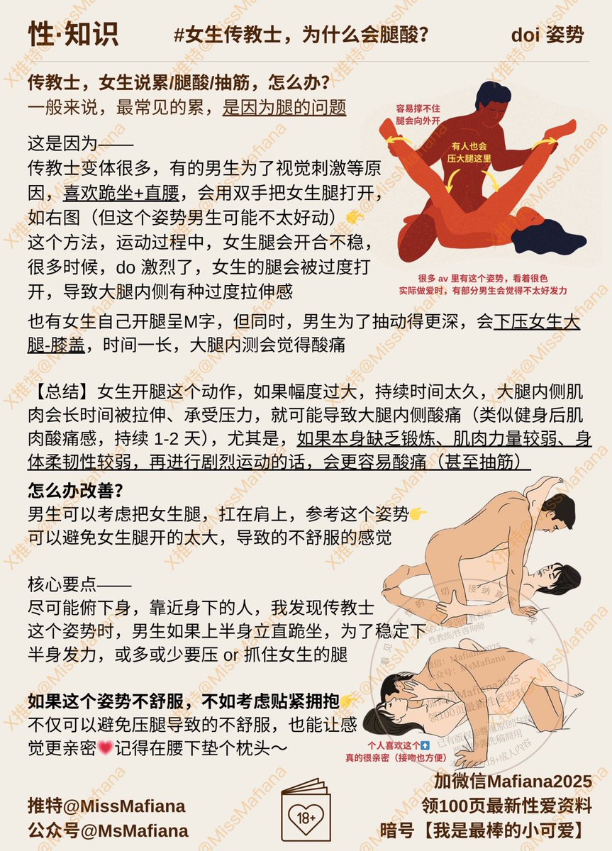 传教士做爱🩷女生腿酸
我以前也遇到过，主要是姿势问题+不常运动，导致腿被压着打开会酸痛🥲

如果说你发现自己 or 伴侣的腿酸痛（甚至抽筋），考虑热敷缓解一下，好好休息，接下来的 1-2 天就不要在床上狠狠浪了🥹

平时做点相扑深蹲，or 去健身房用夹腿机练练，or 找大腿内侧拉伸跟练💪 https://t.co/wjCx8AqH0H