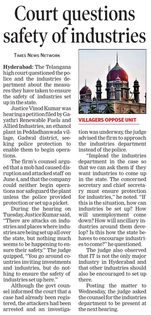 Pinto Deepak (@pintodeepakd) on Twitter photo #Telangana HC questions safety of industries in state; slams lack of protection amid attacks, asks industries dept to appear in next hearing timesofindia.indiatimes.com/city/hyderabad…
<a href="/TOIHyderabad/">TOI Hyderabad</a>
<a href="/TelanganaDGP/">DGP TELANGANA POLICE</a> <a href="/TelanganaCS/">Office of Chief Secretary, Telangana Govt.</a> <a href="/TelanganaCMO/">Telangana CMO</a> #Telangana HC questions safety of industries in state; slams lack of protection amid attacks, asks industries dept to appear in next hearing timesofindia.indiatimes.com/city/hyderabad…
<a href="/TOIHyderabad/">TOI Hyderabad</a>
<a href="/TelanganaDGP/">DGP TELANGANA POLICE</a> <a href="/TelanganaCS/">Office of Chief Secretary, Telangana Govt.</a> <a href="/TelanganaCMO/">Telangana CMO</a>