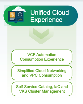 VCF 9.0 = Unified Cloud Experience

- One API for all (Terraform, GitOps, policy-aware)
- Self-service catalog &amp; IaC-ready blueprints
- Instant VPCs with auto-routing &amp; security
- Launch DBs, AI stacks &amp; K8s clusters in minutes

#VCF9 #PrivateCloud #DevOps #IaC #CloudAutomation