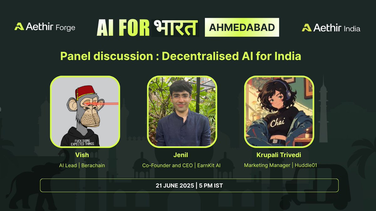 Aethir India (@aethirindia) on Twitter photo કેમ છો અમદાવાદ 💚
It's time to get all gujjus AI pilled with
AI for भारत Ahmedabad 🇮🇳
Discussing all things deAI and DePIN will be joined by <a href="/YourstrulyVish/">Vish.eth</a> from <a href="/berachain/">Berachain Foundation 🐻⛓</a>, <a href="/0xjenil/">Jenil</a> from <a href="/earnkit_ai/">EarnKit</a> and <a href="/chai_really/">krupali || chai ✨</a> from <a href="/huddle01com/">Huddle01 (battle arc ⚔️)</a>
જલ્દી મળીશું !!! કેમ છો અમદાવાદ 💚
It's time to get all gujjus AI pilled with
AI for भारत Ahmedabad 🇮🇳
Discussing all things deAI and DePIN will be joined by <a href="/YourstrulyVish/">Vish.eth</a> from <a href="/berachain/">Berachain Foundation 🐻⛓</a>, <a href="/0xjenil/">Jenil</a> from <a href="/earnkit_ai/">EarnKit</a> and <a href="/chai_really/">krupali || chai ✨</a> from <a href="/huddle01com/">Huddle01 (battle arc ⚔️)</a>
જલ્દી મળીશું !!!