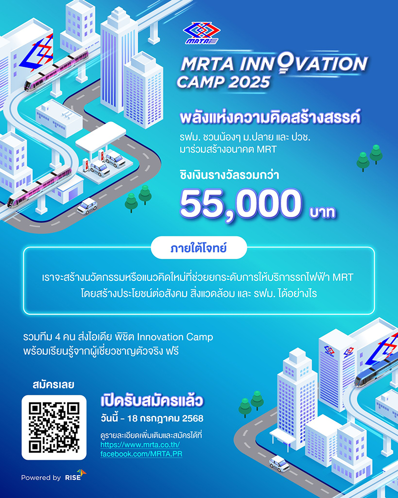 รฟม. ขอเชิญนักเรียนมัธยมศึกษาตอนปลาย  หรือนักศึกษาระดับประกาศนียบัตรวิชาชีพ ส่งผลงานเข้าร่วมการประกวดไอเดียนวัตกรรม "MRTA Innovation Camp 2025" ชิงรางวัลรวมมูลค่ารวมกว่า 55,000 บาท และได้รับคำเเนะนำจากผู้เชี่ยวชาญมากประสบการณ์ที่เกี่ยวข้อง contestwar.com/contest/17949