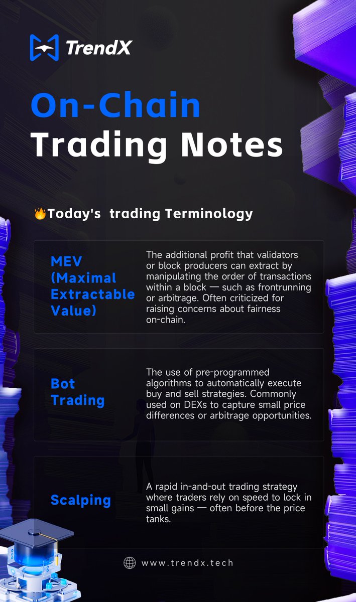 🔴🟢 TrendX On-Chain Trading Notes

On-chain speed isn't just style — it's survival.
In the memecoin jungle, fast hands and faster code win the game.
Today, we’re breaking down 3 power terms behind every ruthless degen move:

— Scalping
— Bot Trading
— MEV (Maximal Extractable