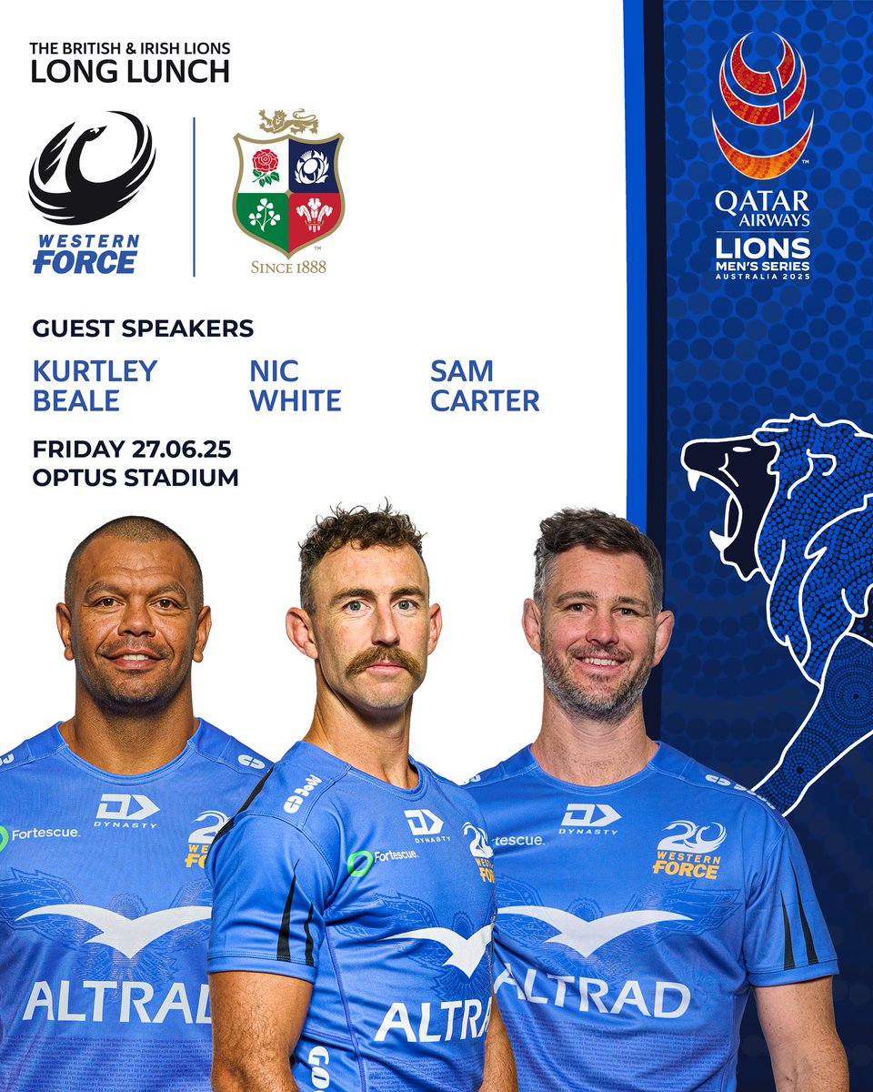 🔥 Our Force-Lions Long Lunch line-up just got even better!

Hear from Kurtley Beale - who was central to the 2013 series 🏉

🇦🇺 Plus Wallabies Nic White &amp; Sam Carter along with Irish icon Johnny Sexton ☘️ + Lions assistants 🦁

Don't miss this one ⤵️⤵️
bit.ly/ForceLionsLunch