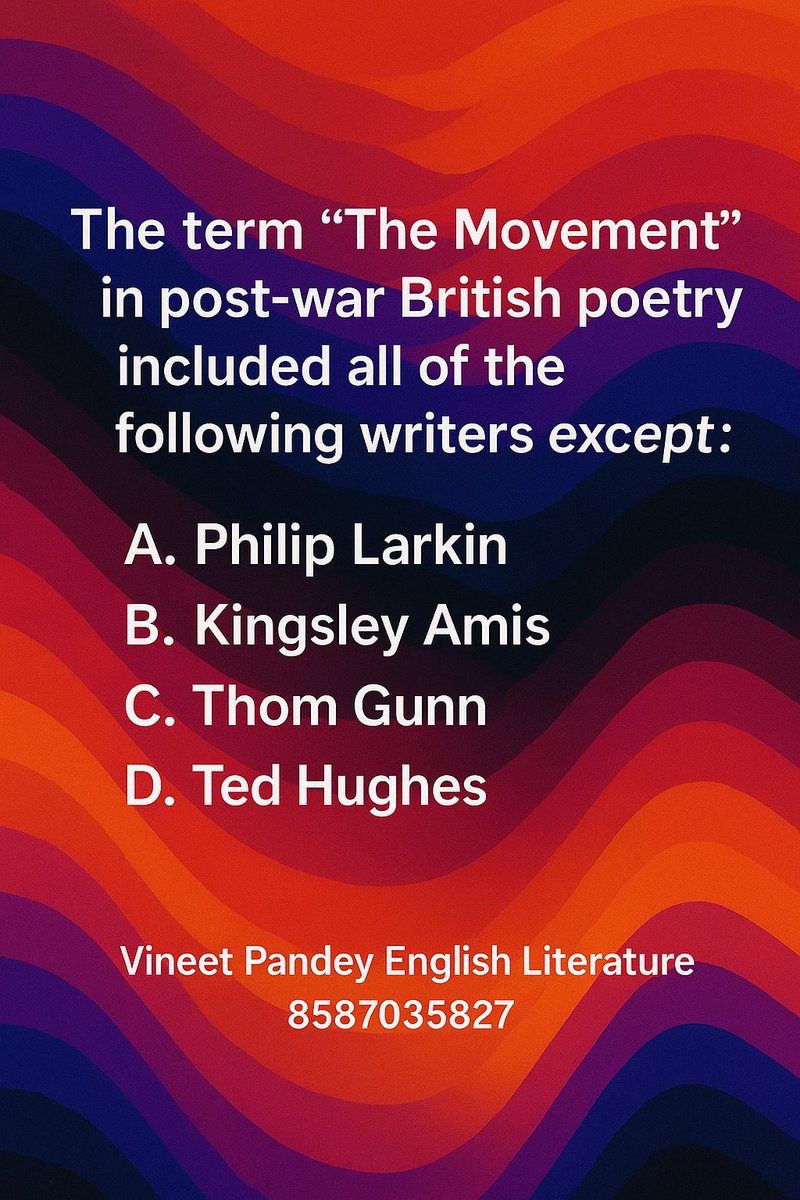 ClassesSahitya's tweet image. UGC NET Quiz
Test your knowledge and boost your prep! 💪✨
Drop your answers in the comments!👇
#englishliterature #examready #EnglishLiterature #NETJRF #UGCNET #JRF #AssistantProfessor #NETJRFPreparation
