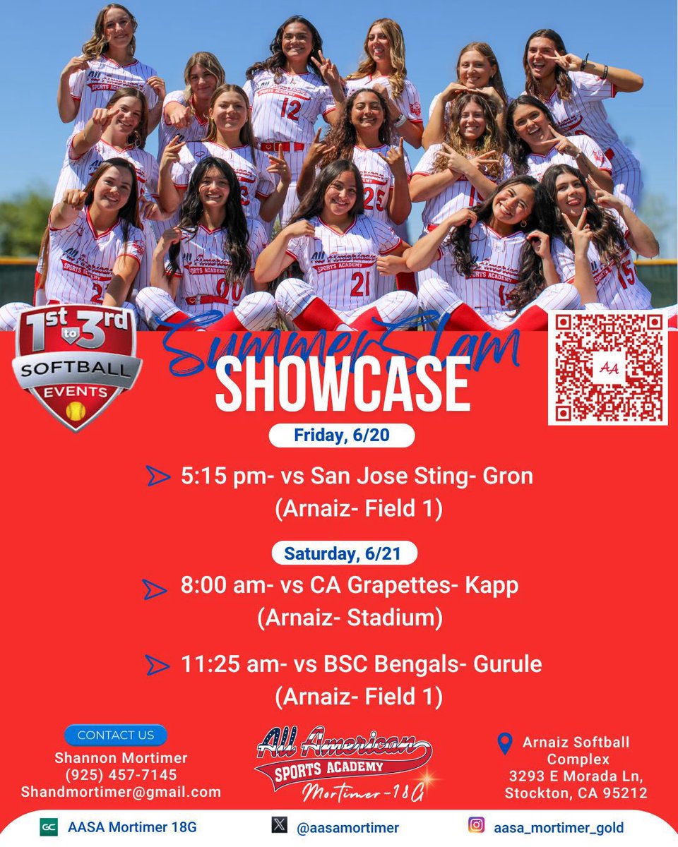 We are back at it this weekend. 3 day showcase with <a href="/aasamortimer/">AASA-Mortimer 18u Gold</a> girls 🥎 <a href="/AASATEAMS/">AASA-Teams</a> <a href="/TopPreps/">SPORTS NEWS, VIDEOS, GRAPHICS, EXPOSURE & MORE</a> <a href="/PGFnetwork/">PGF</a>
<a href="/CalHiSports/">Cal-Hi Sports</a> <a href="/MaxPreps/">MaxPreps</a> <a href="/_CAL_Athletics/">Cal High Grizzly Athletics</a>
<a href="/westcoastpreps_/">West Coast Preps</a> <a href="/los_stuff/">Carlos Arias</a> 
<a href="/LineDsoftball/">Line Drive Media</a> <a href="/LegacyLegendsS1/">Legacy & Legends Softball</a>
<a href="/SoftbalAmerica/">Softball America</a> <a href="/PG_Softball/">Perfect Game Softball</a> <a href="/ExtraInningSB/">EXTRA INNING SOFTBALL</a> <a href="/PGSoftballScout/">PG Softball Scout</a>