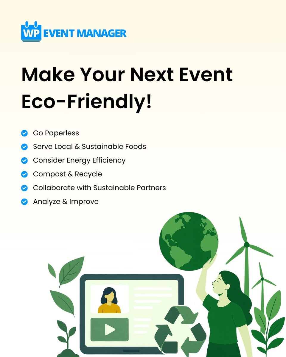 wp_eventmanager's tweet image. 🌍 Want to host eco-friendly events? 🍃✨
Reduce waste & promote sustainability without losing style:
✅ Go Paperless
✅ Local Food
✅ Energy Efficient
✅ Recycle
✅ Eco Partners
💡 Learn more: zurl.co/0ot6t
#GreenEvent #SustainableEvents #EventPro