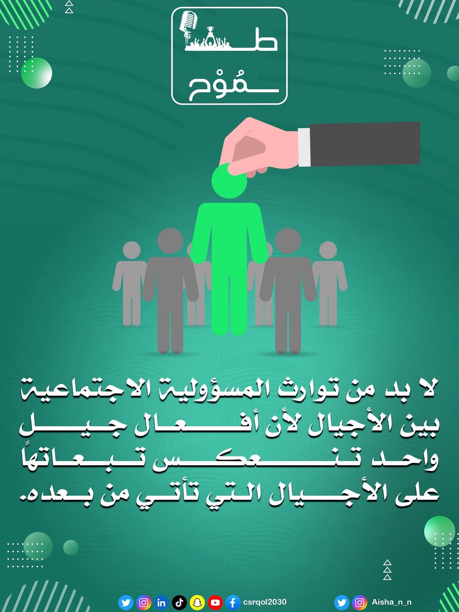 لا بد من توارث المسؤولية الاجتماعية بين الأجيال لأن أفعال جيلٍ واحد تنعكس تبعاتها على الأجيال التي تأتي من بعده

#سلسلة_طموح #جودة_الحياة #csr #تنمية_المجتمع #الخدمة_المجتمعية #رؤية_السعودية_2030 #vision2030 #وطن_طموح #المنصة_الوطنية_للمسؤولية_المجتمعية #روح_السعودية #اكسبلور