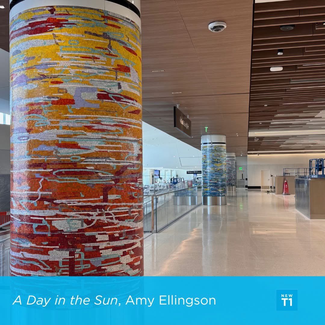 SanDiegoAirport's tweet image. Six columns of colorful smalti glass tile will greet passengers as they exit the TSA security area at the #NewT1.
The column mosaics evoke the spaces glimpsed between coastal pier piles, evoking the ocean, the shore, and the sky.