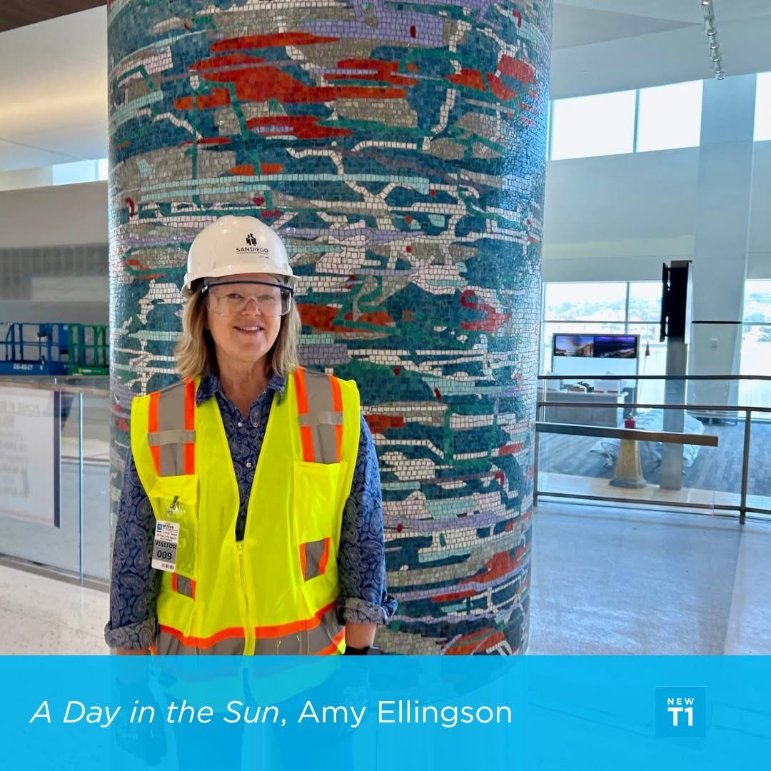 SanDiegoAirport's tweet image. Six columns of colorful smalti glass tile will greet passengers as they exit the TSA security area at the #NewT1.
The column mosaics evoke the spaces glimpsed between coastal pier piles, evoking the ocean, the shore, and the sky.