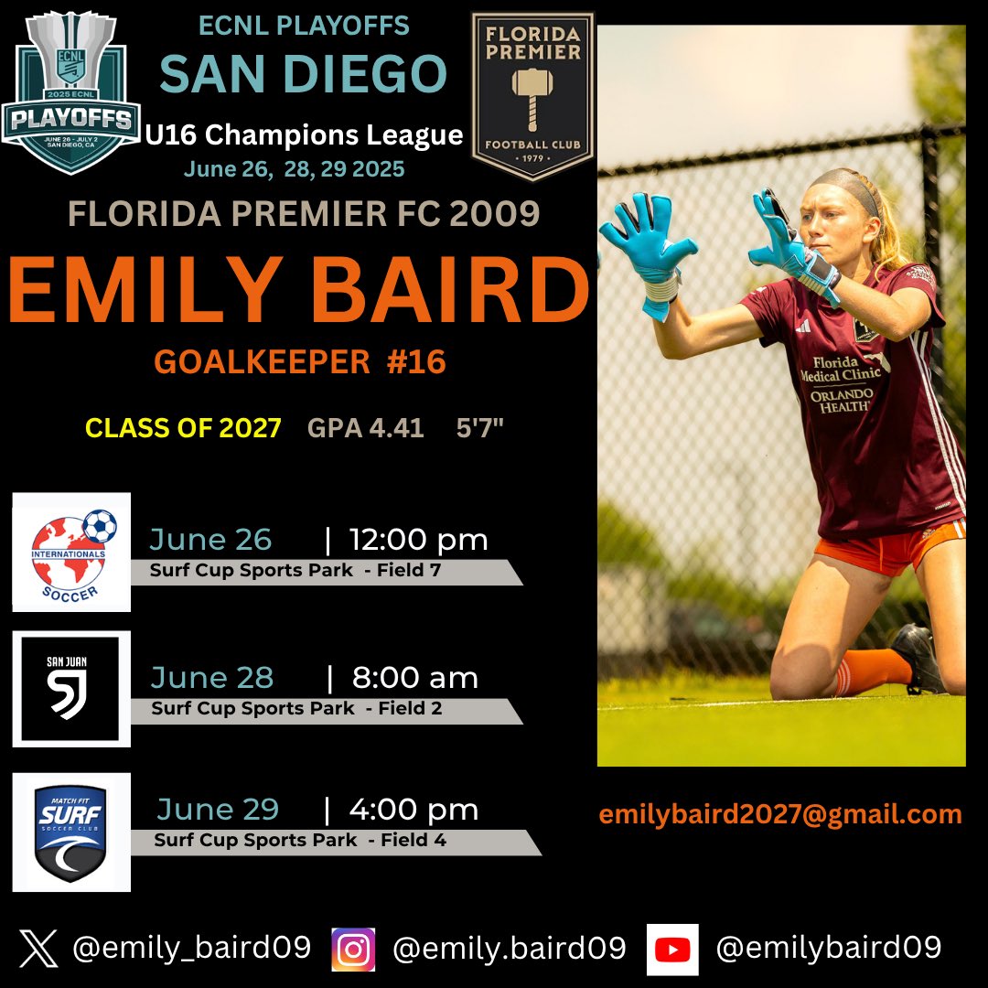 Emily Baird 2027 ECNL GK | Florida Premier FC (@emily_baird09) on Twitter photo Excited to share my ECNL Champions League playoff schedule! Looking forward to facing some good competition! #2027Goalkeeper
<a href="/ECNLgirls/">ECNL Girls</a> <a href="/florida_premier/">Florida Premier F.C</a> <a href="/TopDrawerSoccer/">TopDrawerSoccer</a> <a href="/TheSoccerWire/">SoccerWire</a> <a href="/PrepSoccerFL/">Prep Soccer Florida</a> <a href="/PrepSoccer/">Prep Soccer ⚽️</a> <a href="/ImYouthSoccer/">ECNL/GA/Recruiting/College Soccer</a> <a href="/ugkalliance/">@unitedgkalliance</a> Excited to share my ECNL Champions League playoff schedule! Looking forward to facing some good competition! #2027Goalkeeper
<a href="/ECNLgirls/">ECNL Girls</a> <a href="/florida_premier/">Florida Premier F.C</a> <a href="/TopDrawerSoccer/">TopDrawerSoccer</a> <a href="/TheSoccerWire/">SoccerWire</a> <a href="/PrepSoccerFL/">Prep Soccer Florida</a> <a href="/PrepSoccer/">Prep Soccer ⚽️</a> <a href="/ImYouthSoccer/">ECNL/GA/Recruiting/College Soccer</a> <a href="/ugkalliance/">@unitedgkalliance</a>