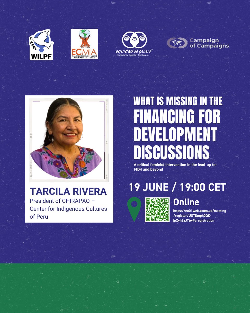 Equidad de Género (@equidadmx) on Twitter photo 🎙 Speakers: <a href="/parwasisa/">Tarcila Rivera Zea</a> (CHIRAPAQ), @Nela_Porobic (<a href="/WILPF/">WILPF</a>), Isabela Boada (<a href="/equidadmx/">Equidad de Género</a>). Moderator: <a href="/Emilia_Equidad/">Emilia Reyes</a>. Hear how the war-economy trap, coercive sanctions and the sidelining of Indigenous visions block true development—and what we can do about it. Register ➡️ Scan QR 🎙 Speakers: <a href="/parwasisa/">Tarcila Rivera Zea</a> (CHIRAPAQ), @Nela_Porobic (<a href="/WILPF/">WILPF</a>), Isabela Boada (<a href="/equidadmx/">Equidad de Género</a>). Moderator: <a href="/Emilia_Equidad/">Emilia Reyes</a>. Hear how the war-economy trap, coercive sanctions and the sidelining of Indigenous visions block true development—and what we can do about it. Register ➡️ Scan QR