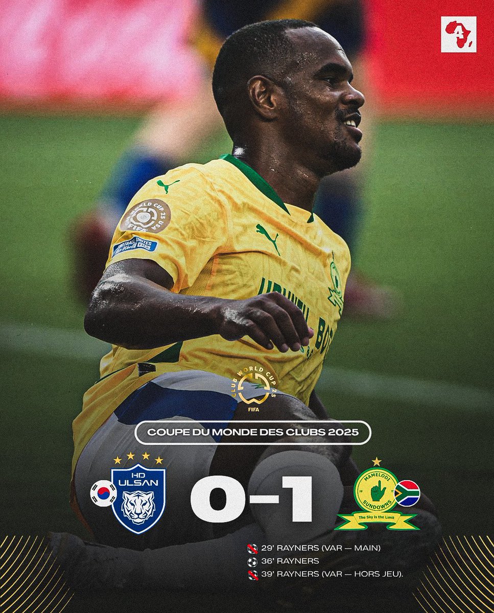 🚨 VICTOIRE du Mamelodi Sundowns 🇿🇦 face au Ulsan Hyundai 🇰🇷 (0-1) ! 👆💛

La 𝗣𝗥𝗘𝗠𝗜𝗘̀𝗥𝗘 pour l’Afrique dans cette Coupe du Monde des Clubs 2025. 🌍💚