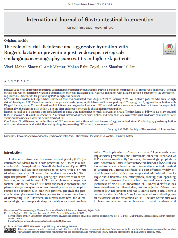 The role of rectal diclofenac and aggressive hydration with Ringer’s lactate in preventing post-endoscopic retrograde cholangiopancreatography pancreatitis in high-risk patients
doi.org/10.18528/ijgii…
#Cholangiopancreatography #endoscopic_retrograde #Prevention_control