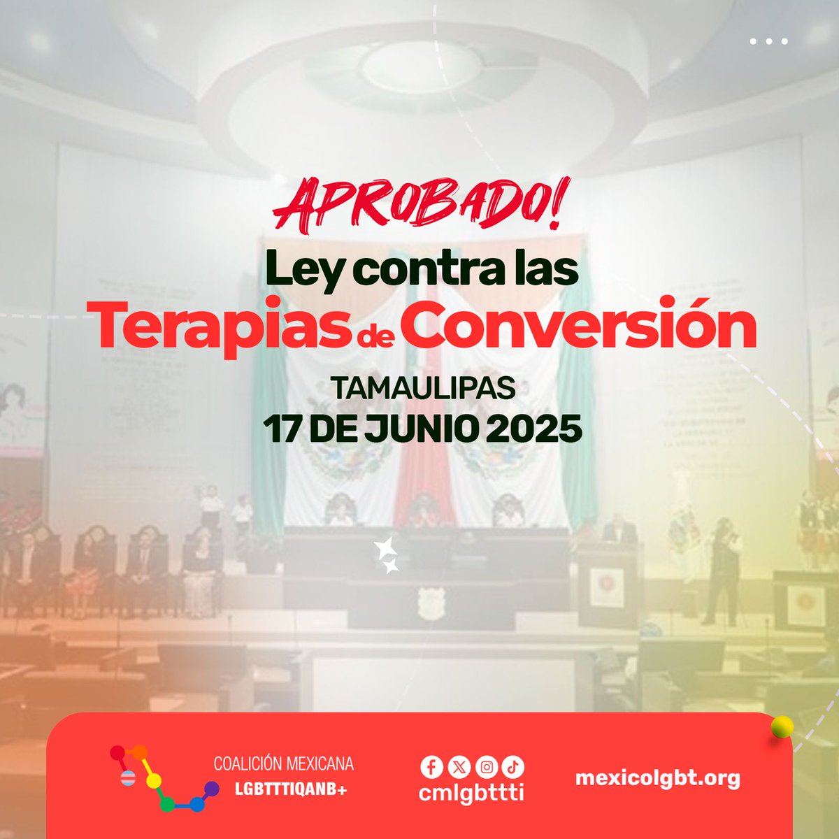 cmlgbttti's tweet photo. 🏛️🌈 ¡TAMAULIPAS DA UN PASO HISTÓRICO!

El Congreso del Estado aprueba la Iniciativa de Ley Contra las “Terapias de Conversión”.
¡Felicidades a todas las personas wque lo hicieron posible! 🏳️‍⚧️🏳️‍🌈🤟🏽 https://t.co/Q5vkZmDq3k