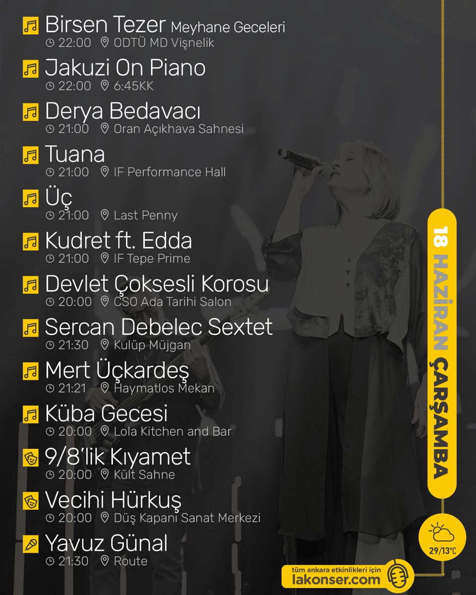 18 HAZİRAN #ÇARŞAMBA Ankara etkinliklerinden öne çıkanlar 🎙️ Duymasını istediğin arkadaşına yollamayı unutma! Tüm etkinlikler için lakonser.com

Olası değişiklikler için etkinlik günü ilgili mekanın sosyal medya hesaplarını kontrol edebilirsiniz.