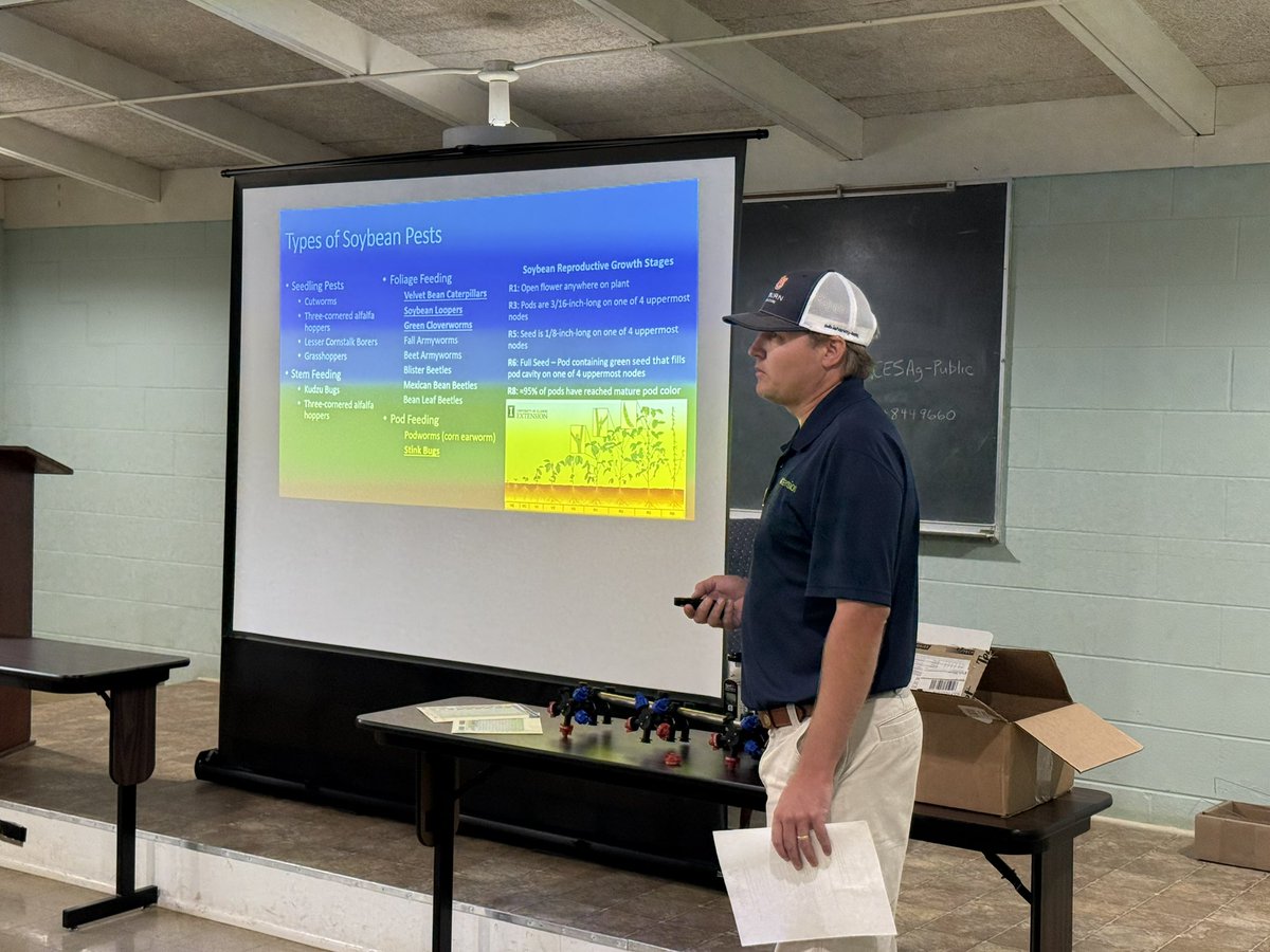 PrecAgEngineer's tweet photo. Good turnout at the Crops Scout School at the Tennessee Valley Research and Extension Center today. We were able to record a quick podcast episode too discussing the excessive rainfall and crop planting situation in North AL this year!! @ACESedu  @AuburnAg https://t.co/kVZkYROO0V